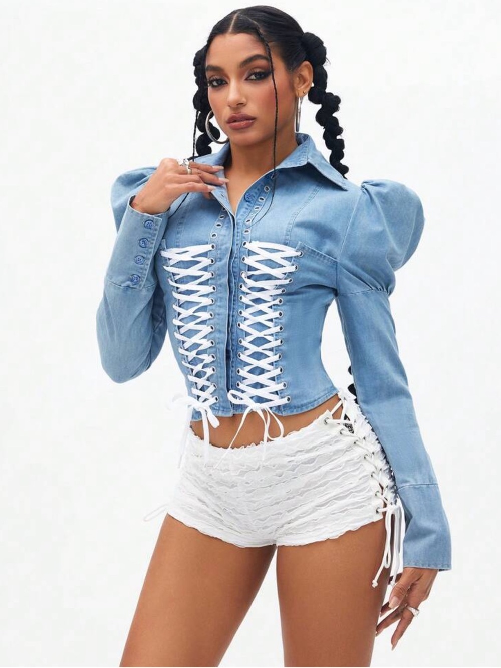 Denim blouse with corset detail lace up front puffy shoulders snatched waist - Picture 4 of 4